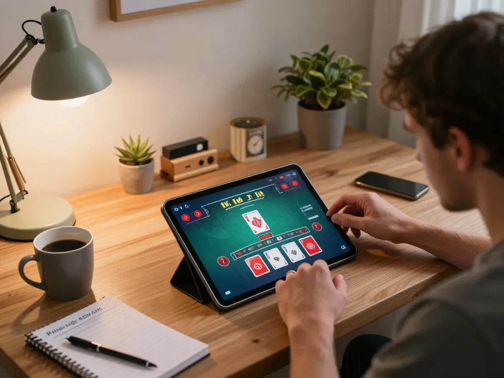 The person gaming on https://n188.build/ during a live dealer blackjack session in a cozy home setting