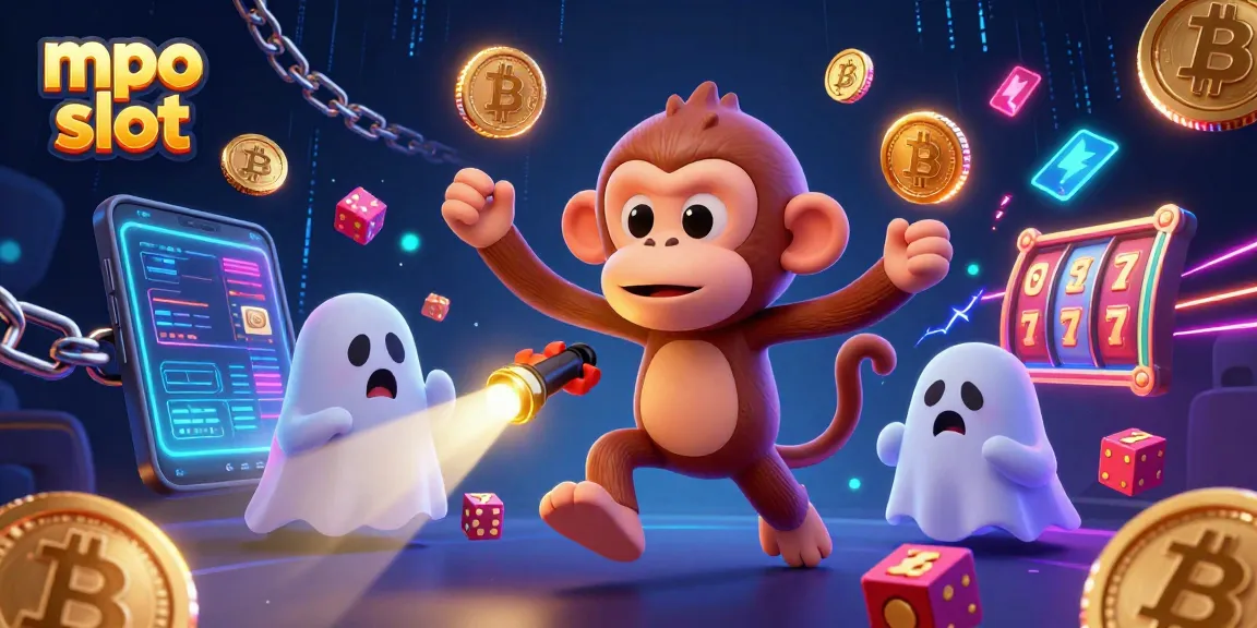 Experience the thrill of mpo slot with a playful poltergeist monkey and ghost-hunter puppy in a vibrant casino scene.