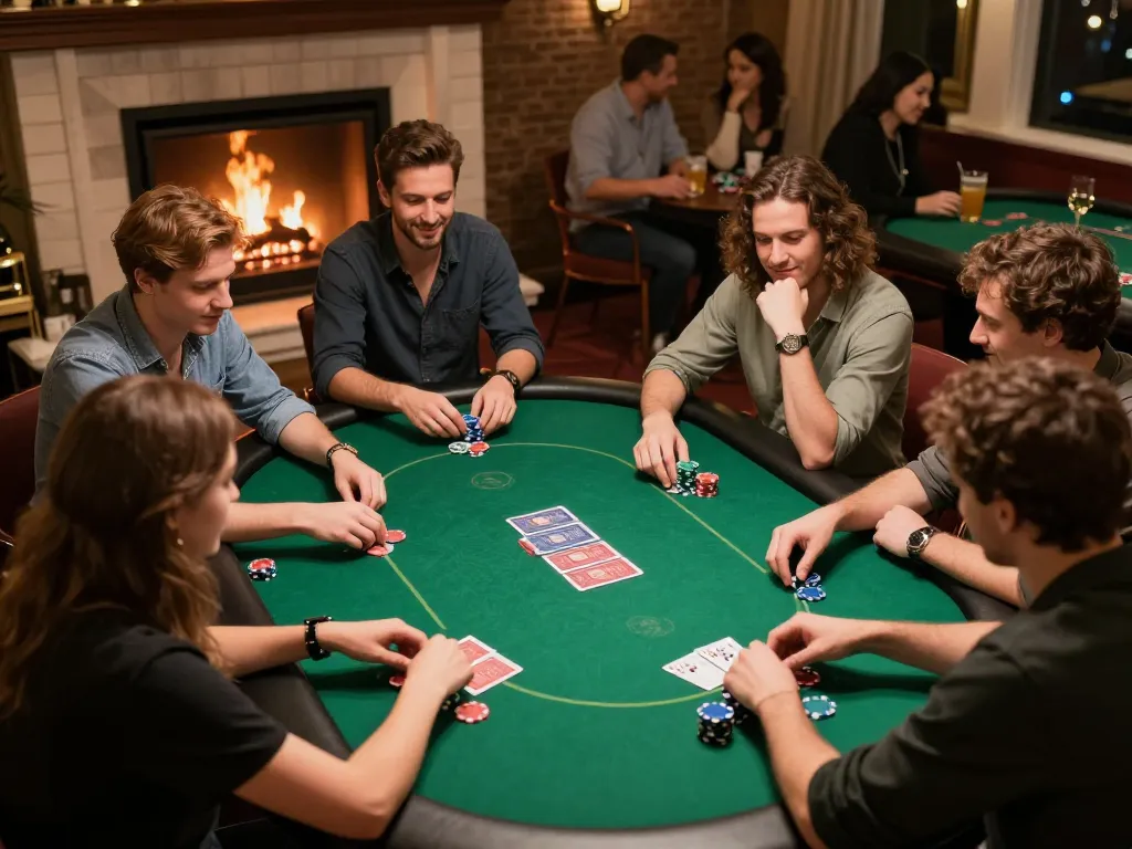 Players engage in a strategic poker night at nhà cái 388bet's premium gaming room, showcasing competitive spirit and socializing.
