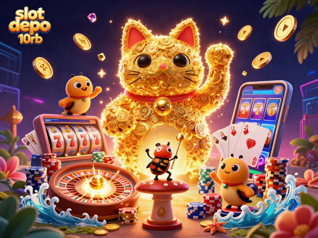 Engage with slot depo 10rb in a vibrant casino scene featuring golden fireflies as lucky symbols.
