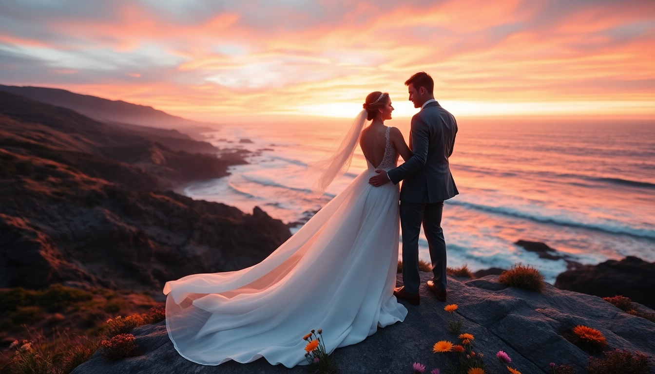 Captivating image of a Big Sur wedding photographer capturing a romantic couple at sunset on a rugged cliff.