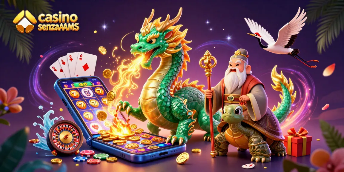 Interagisci con un casino senza AAMS che mostra vivaci giochi di slot ed energia del drago dorato.