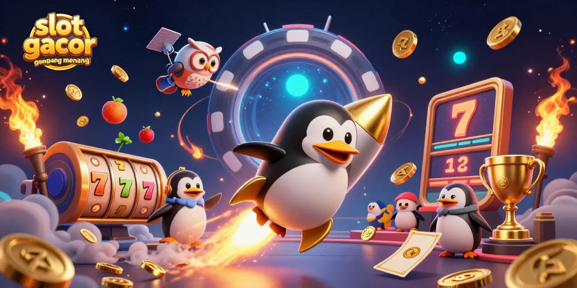 Slot gacor gampang menang dengan penguin emas meluncur di luar angkasa, mengumpulkan koin emas.