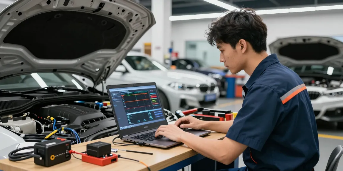 Chiptuning Hannover: Mechaniker bei der Arbeit an einem BMW-Motor in einer modernen Werkstatt.