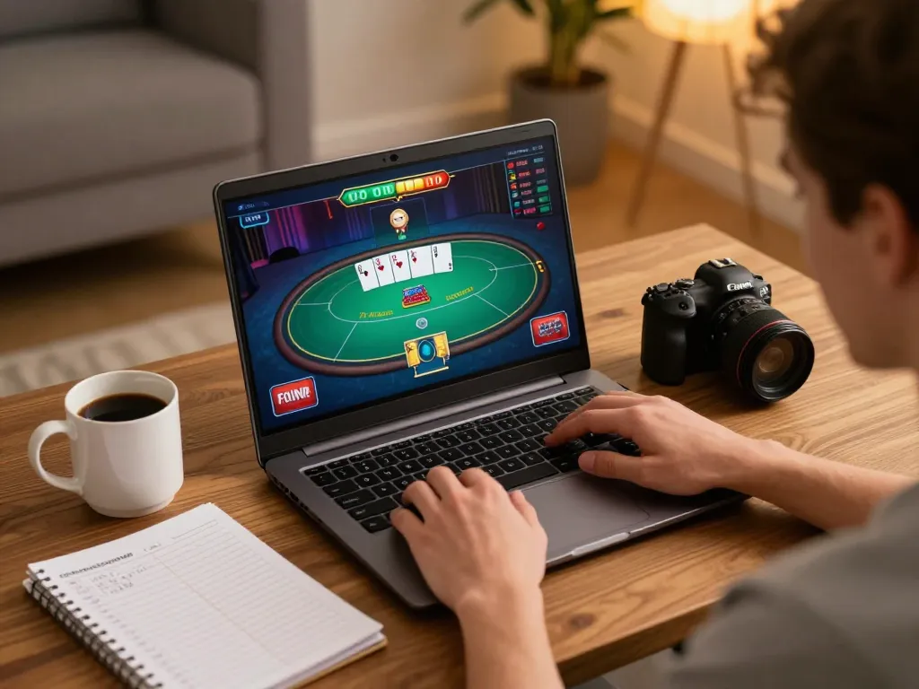 Engaging in online poker through the jae888 platform with a cozy home setup.