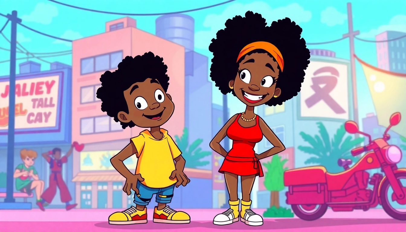 A lively scene showcasing popular African American Cartoons characters like Huey, Riley, and Penny Proud, celebrating diversity in animation.