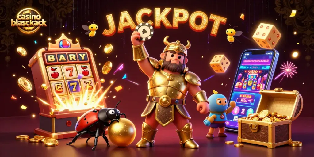 Jugadores de casino blackjack celebran una victoria con premios y diversión en un entorno vibrante.