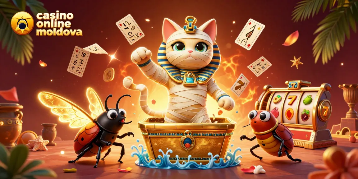 Vizionare captivantă a jocurilor la casino online Moldova cu un pisoi mumie egiptean și elemente de joc inspirate din casino.