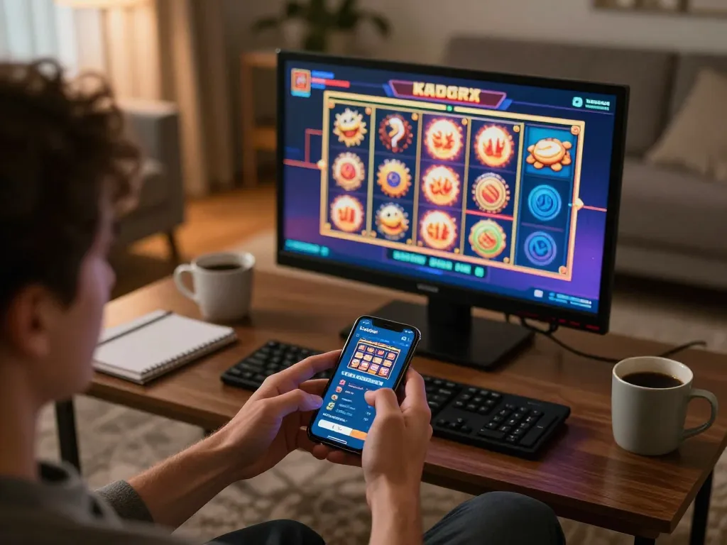 LOTO188 player engaging with online slots app in cozy living room, showcasing modern gaming.