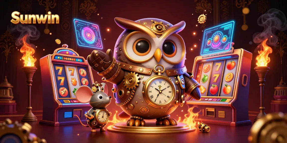 Sunwin engages players with a captivating 3D illustration of time-traveling characters amidst a vibrant casino atmosphere.
