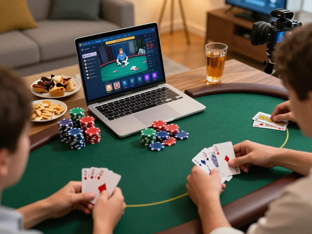 Players enjoy an exciting online poker game with jae888 on their laptop, capturing a competitive home atmosphere.