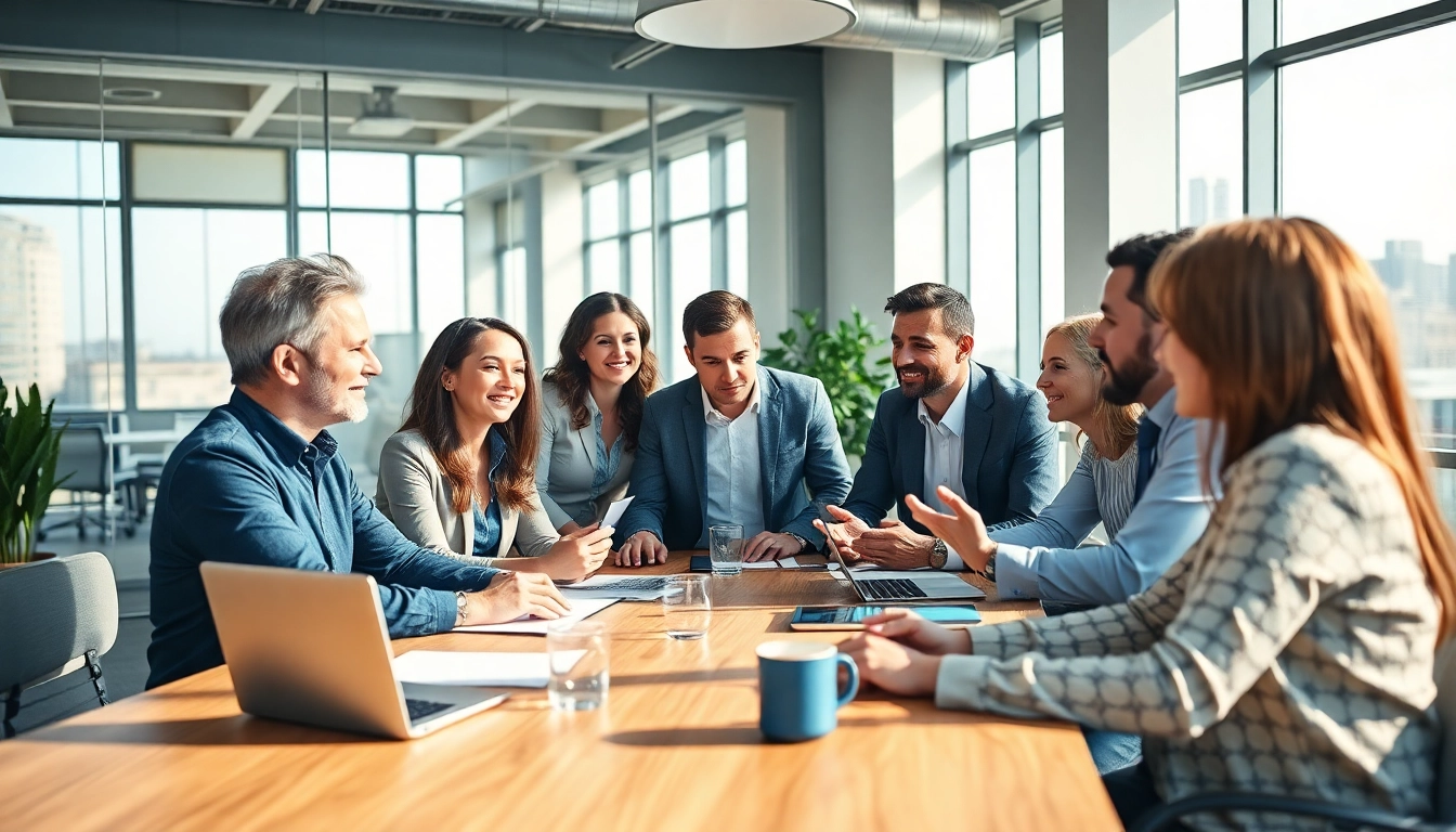 Show HR solutions team collaborating in a modern office setting, emphasizing teamwork.