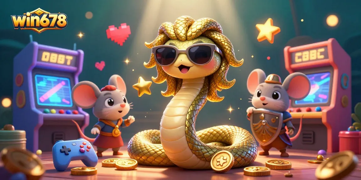 Cute Medusa and stone warrior celebrate win678 casino with vibrant games and glowing elements.