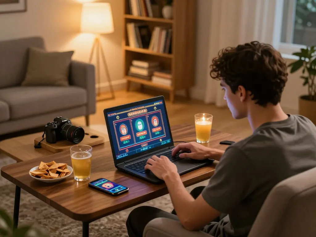 Engaging in thrilling casinò americani online gameplay from a cozy home setup, highlighting online slots action.