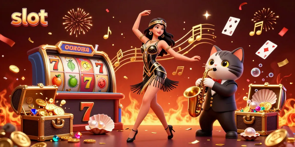Spin the slot reels with vibrant energy featuring a 3D woman and a saxophone-playing cat amidst casino excitement.