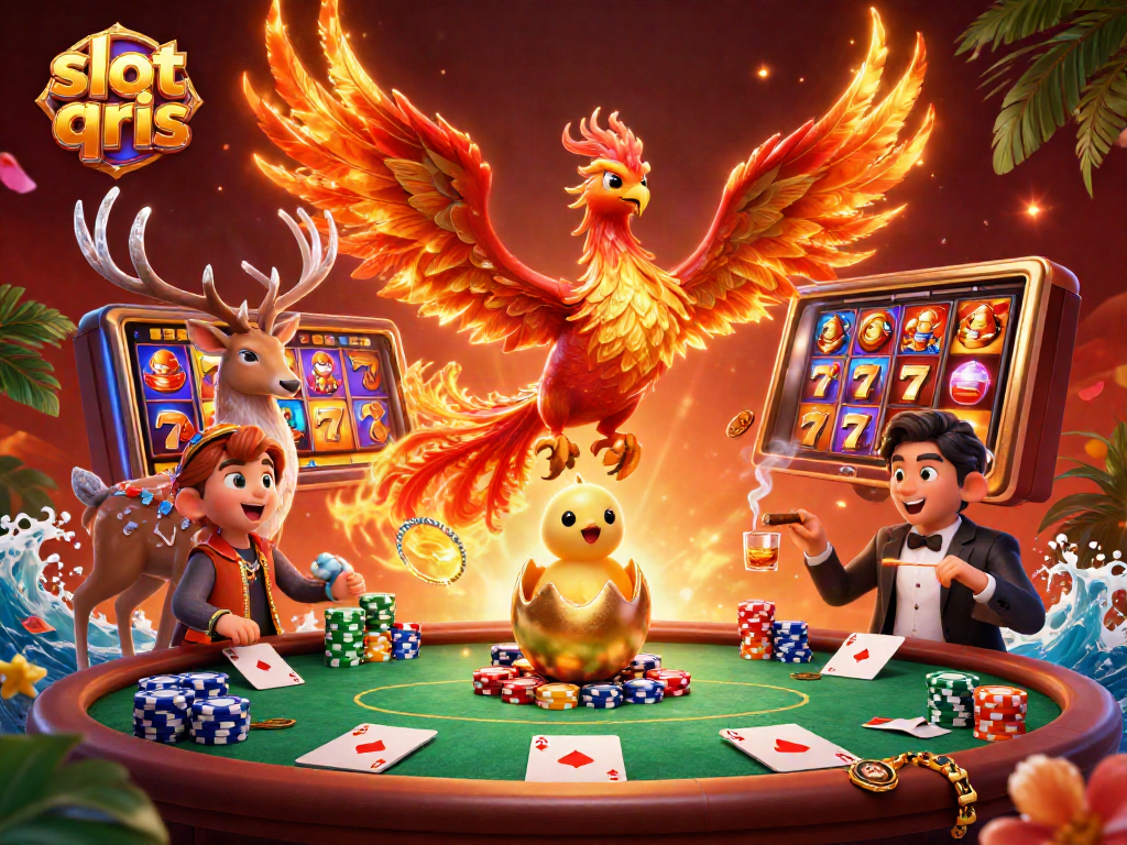 Spin the reels in a breathtaking scene featuring slot qris with a phoenix rising and vibrant casino elements.