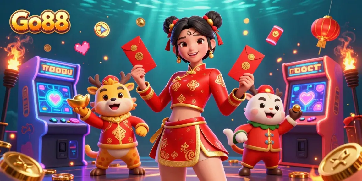 Engage with the exciting world of Go88 as a beautiful Asian woman celebrates Lunar New Year with gold ingots in a vibrant casino scene.