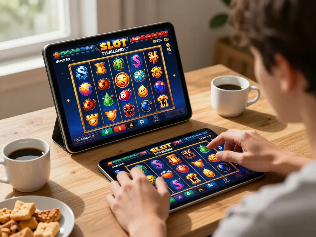 Engaging with SLOT THAILAND NO 1 on a tablet at home, showcasing colorful slot symbols and vibrant gameplay.