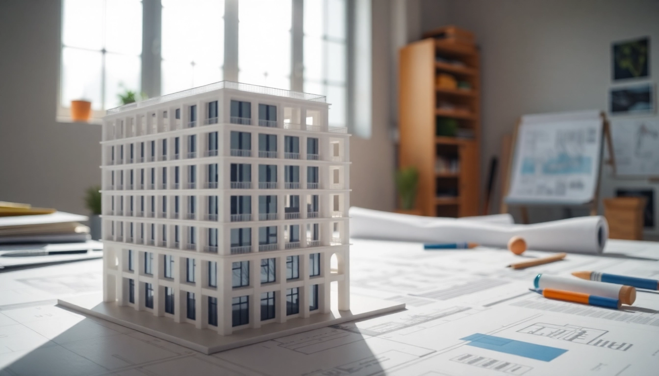 Architekturmodellbau Wuppertal zeigt ein detailreiches architektonisches Modell in einem kreativen Studio.
