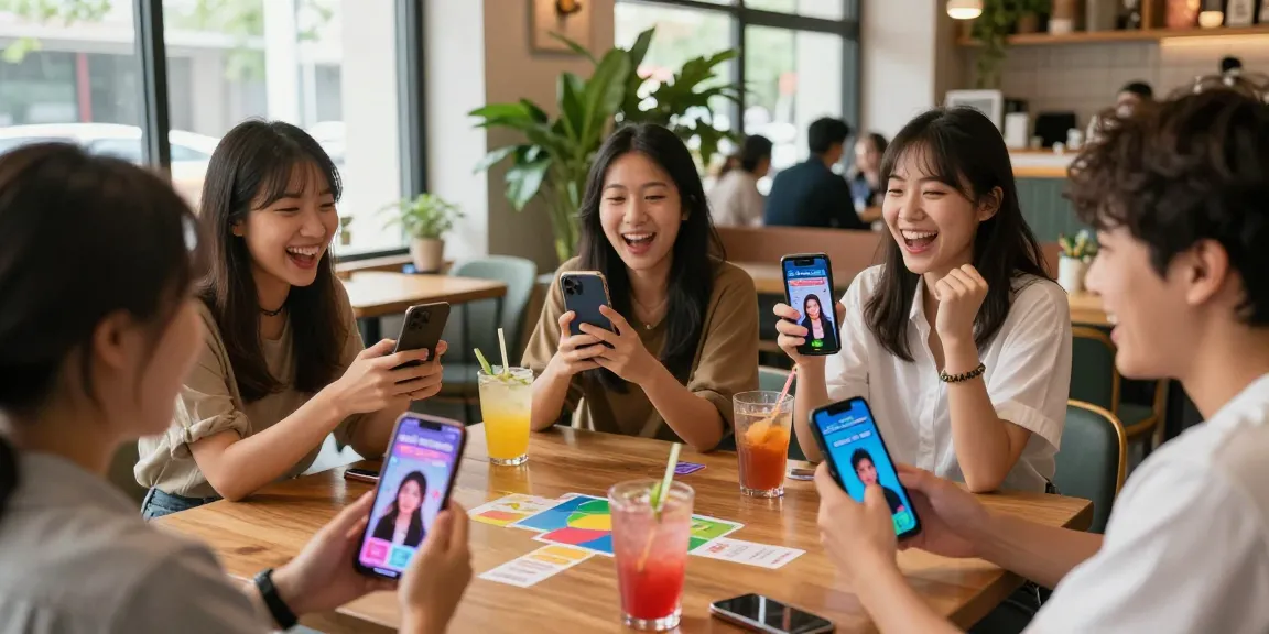 Group enjoying the smash or pass game with AI-generated images and drinks at a café.