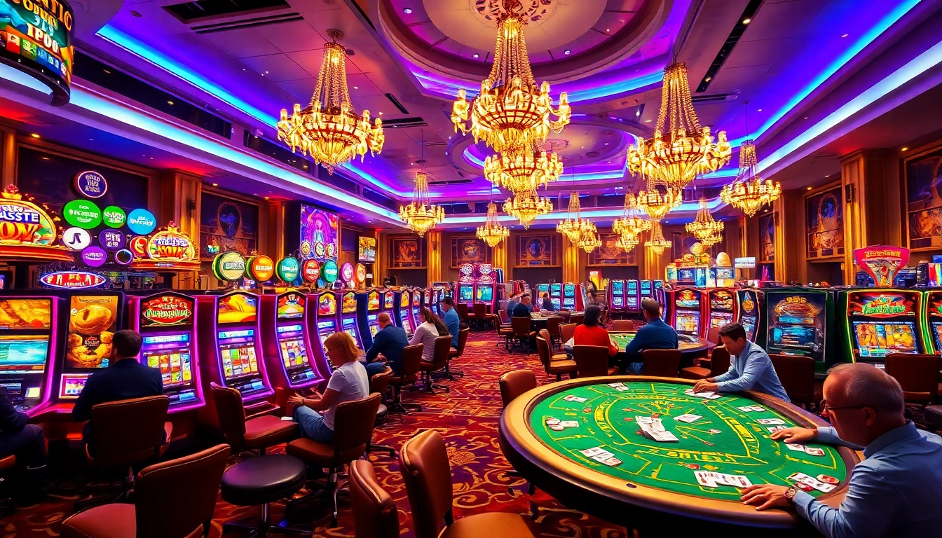 Main scene of situs slot terpercaya with vibrant slot machines, showcasing excitement in a casino environment.