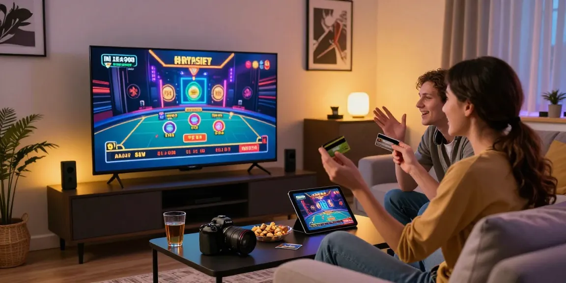 Engaged couple enjoying gaming experience at home with credit card casino sites and snacks.