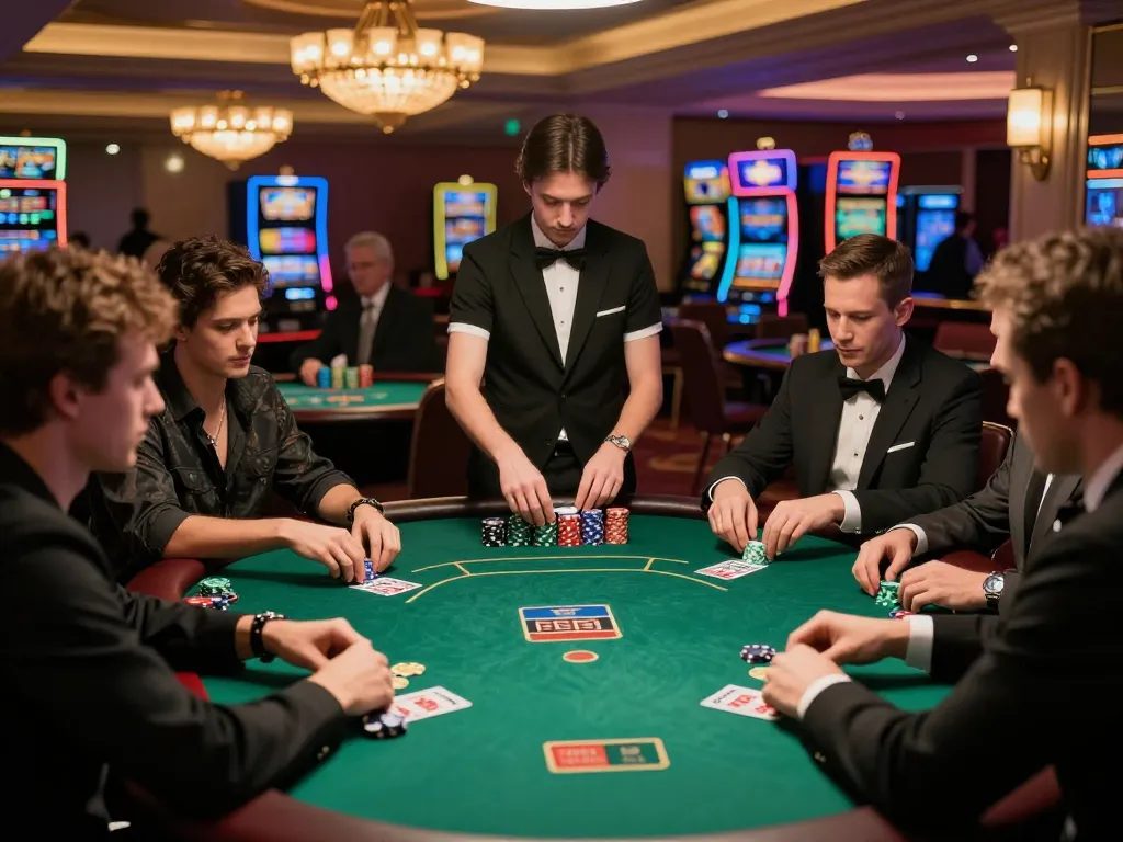 Pemain yang merencanakan strategi dalam permainan poker dengan taruhan tinggi di kasino mewah, mewujudkan sensasi paris888.