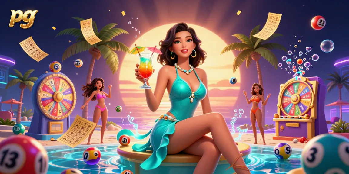 Engage in PG gaming fun with vibrant cocktails, lottery balls, and a collecting golden prize wheel.