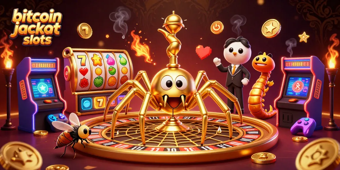 Engage with bitcoin jackpot slots featuring a golden spider, spinning web, and vibrant slot elements in a lively casino scene.
