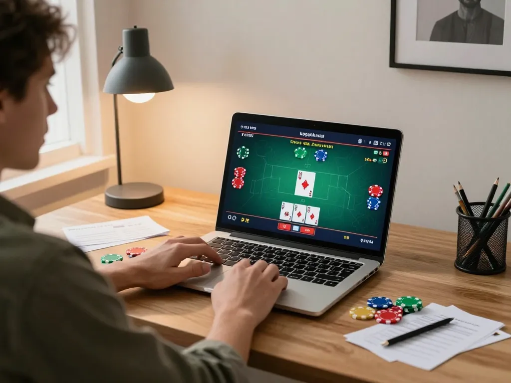 Engaged player strategizing for link gacor online poker session, capturing the thrill of competitive gambling.