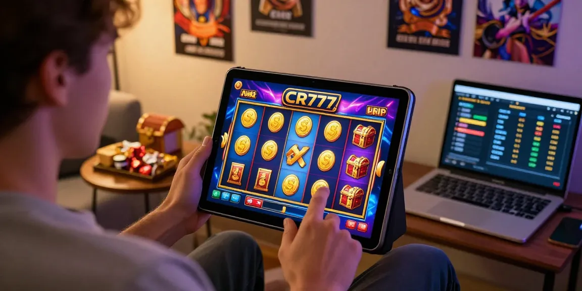 Pemain menikmati permainan slot CR777 dengan tampilan menarik di tablet, sofa nyaman, dan suasana ceria.
