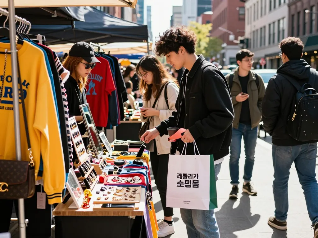 Shopping at a lively 레플리카 쇼핑몰 outdoor market with trendy fashion items displayed.