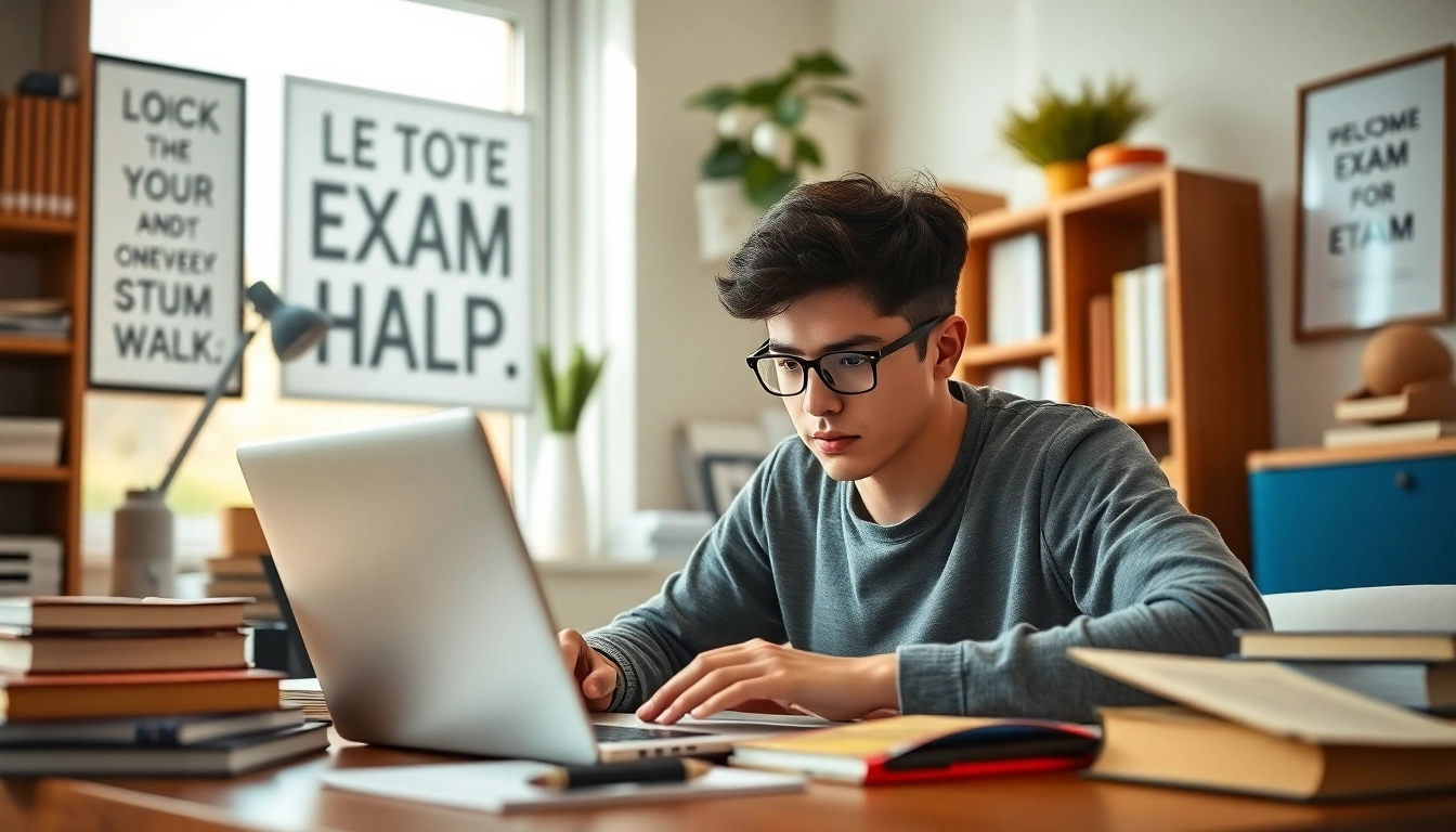 Student engaged in remote exam help while studying at home, showcasing a focused atmosphere.