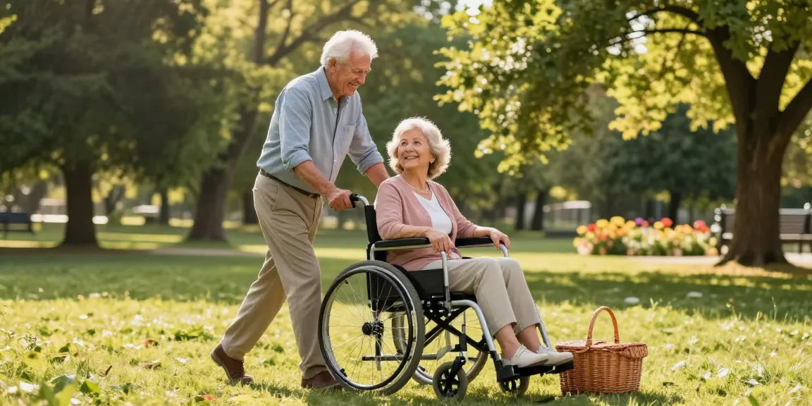 Happy elderly couple enjoying the outdoors with an 超輕輪椅, symbolizing mobility and freedom.
