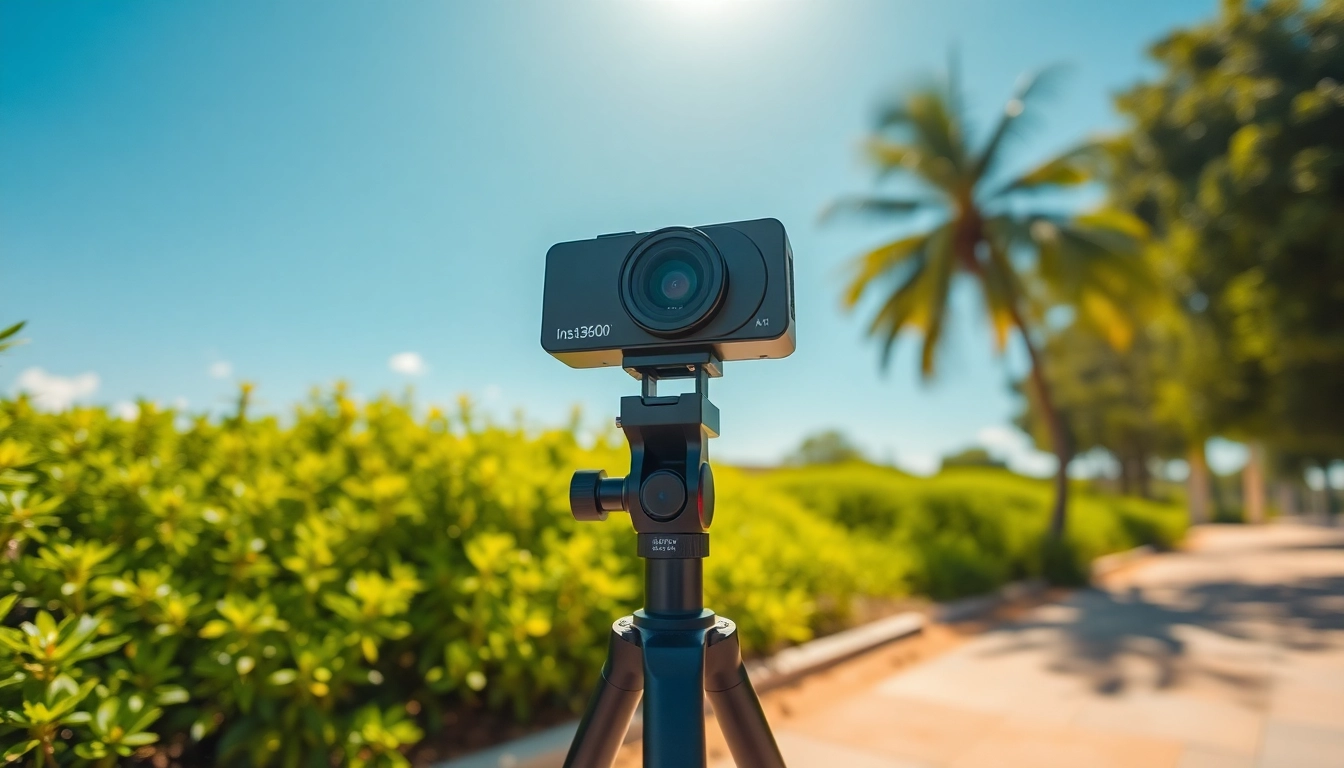Photographer using the insta360 antigravity a1 in a bright outdoor scene with vibrant greenery.