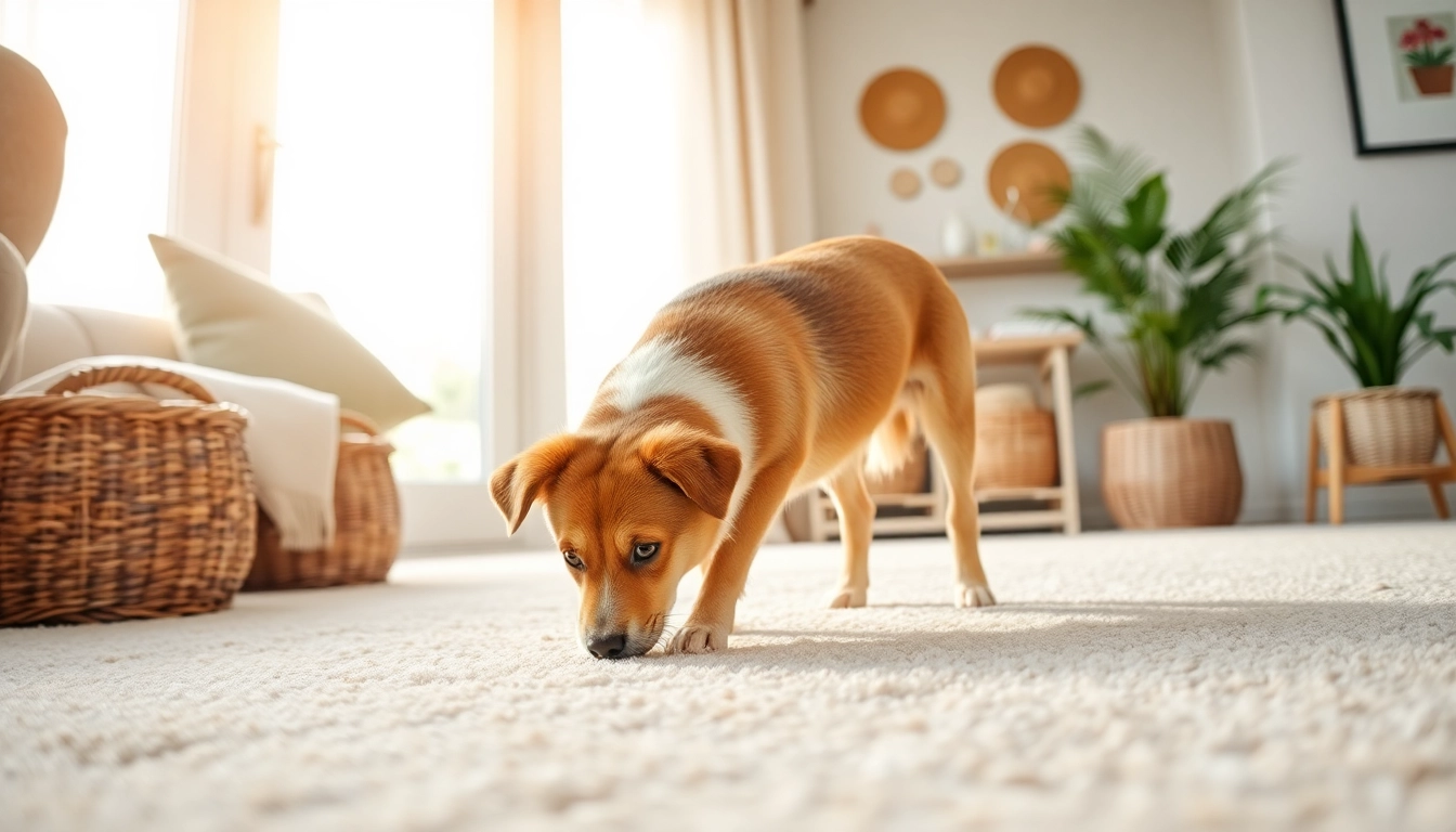 Engaging pet odor carpet cleaning process with a cute dog in a bright living room.
