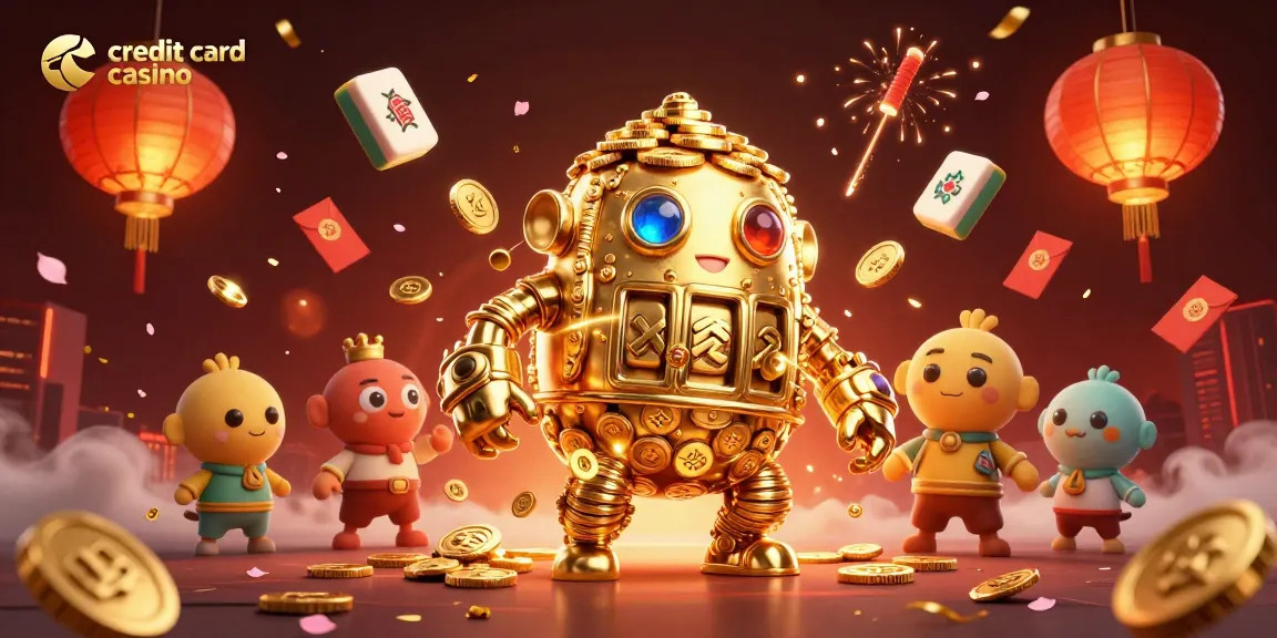 Experience the thrill of a credit card casino with vibrant 3D illustration of a golden golem surrounded by gaming elements.