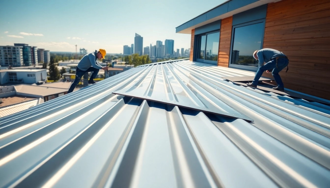 Metal roofing Calgary installation showcasing skilled professionals in action.