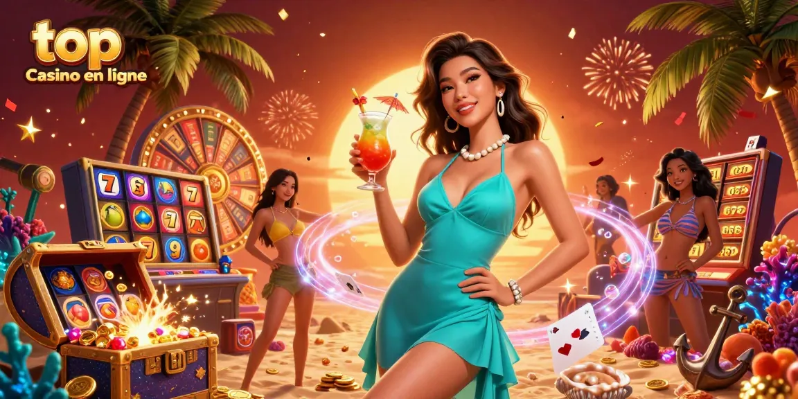 Jouez à des jeux passionnants au top casino en ligne, avec un modèle glamour dans un cadre de plage vibrant.