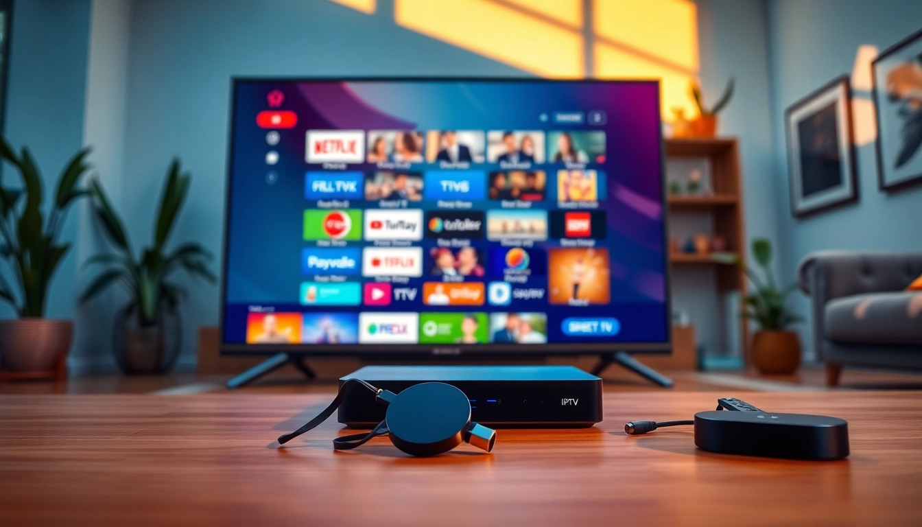 Showcase of free popular iptv playlist on a vibrant TV with streaming devices.