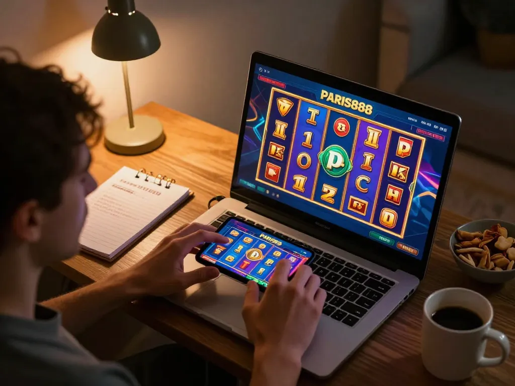 Player engaging with the Paris888 app, showcasing colorful slot games in a cozy home setting