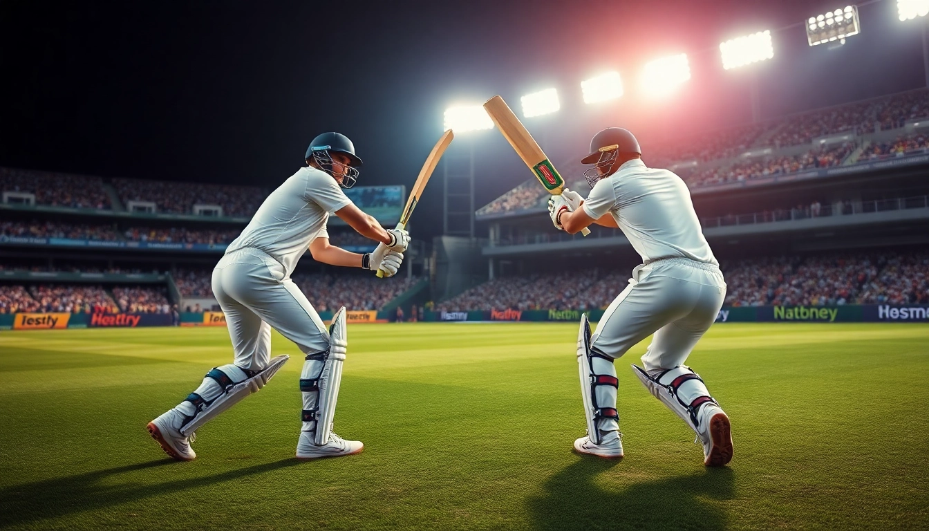 A dynamic scene of IPL match betting prediction with players in action and vibrant crowd energy.