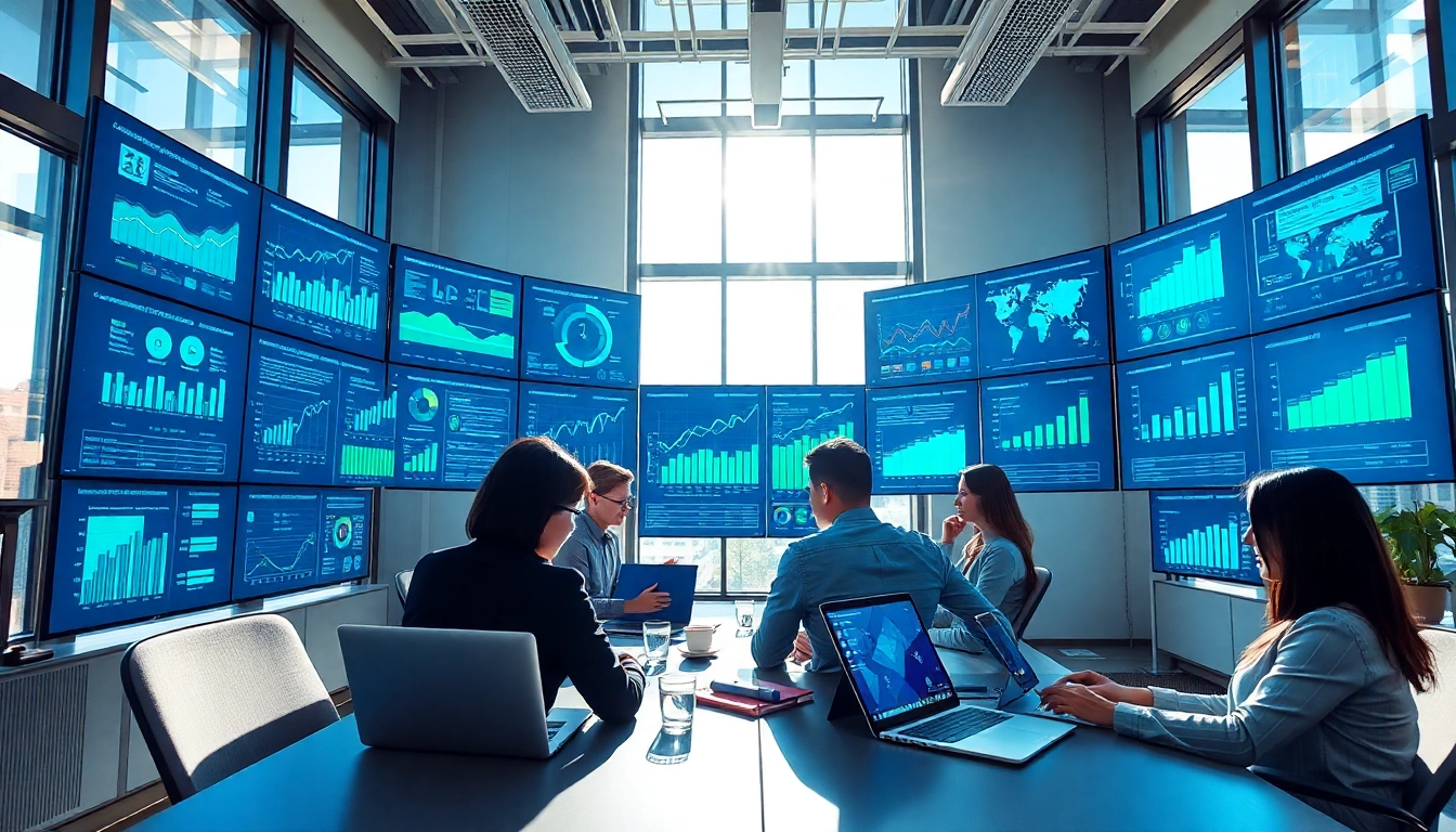 Collaborative AI for competitive intelligence analysis with data visualizations in a modern office environment.