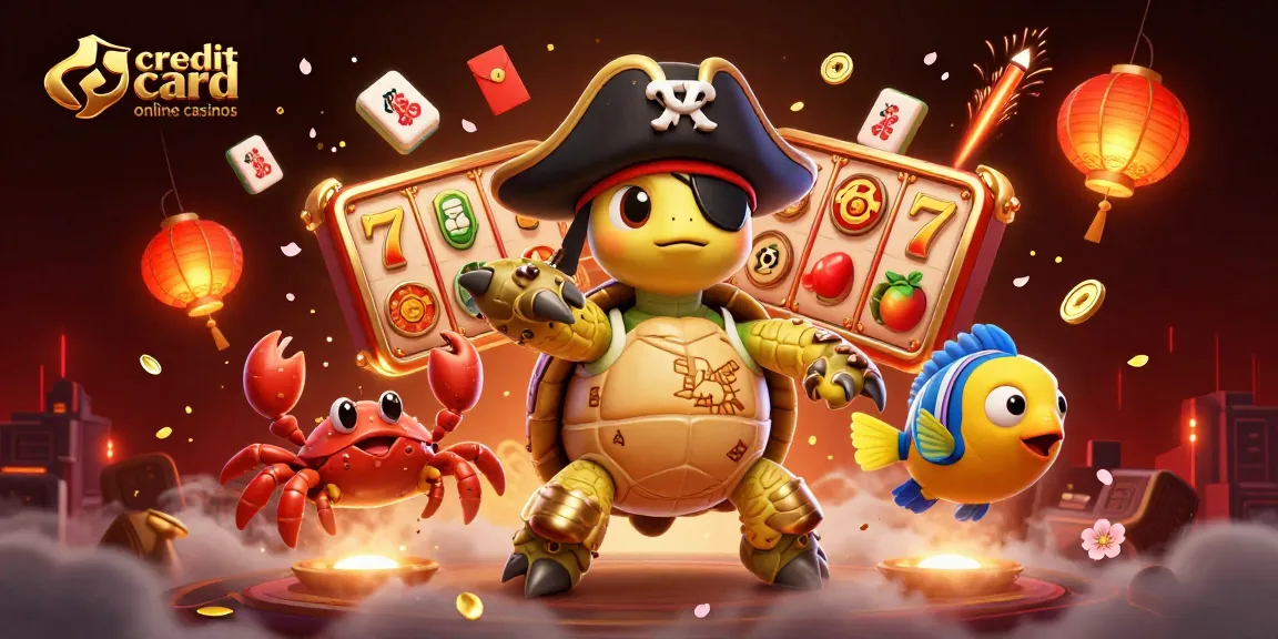 Engage with credit card online casinos through a vibrant 3D scene filled with casino excitement and characters.