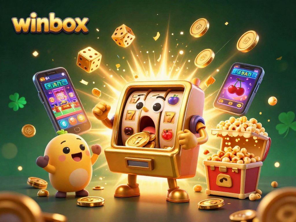 Winbox showcases a golden slot machine hitting a jackpot amidst an explosion of coins, symbols, and vibrant celebrations.
