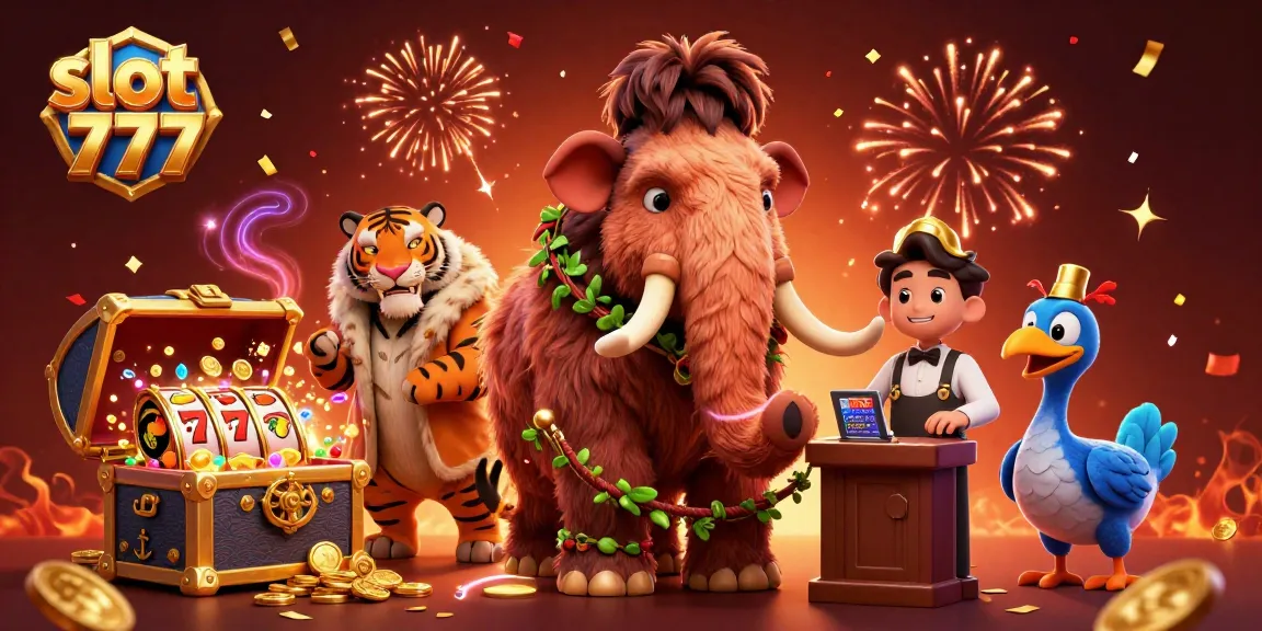 Spin and win with slot 777 as the woolly mammoth bouncer oversees the casino scene.