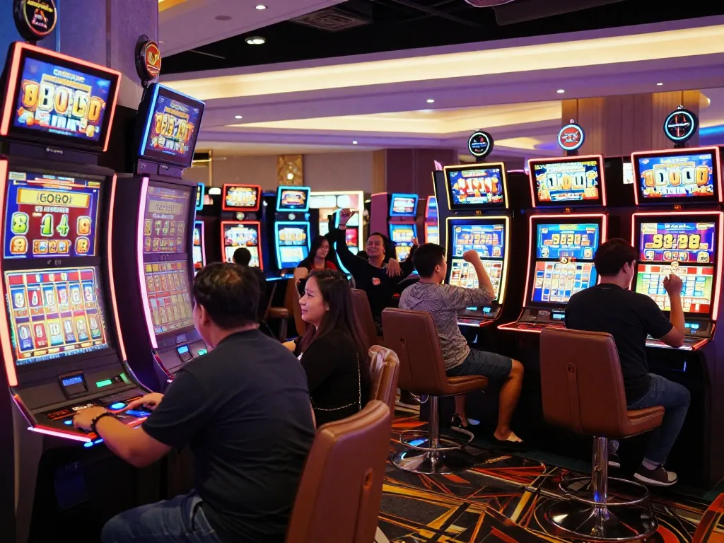 Players celebrating wins at vibrant slot machines in a casino, showcasing slot gacor gampang menang moments.