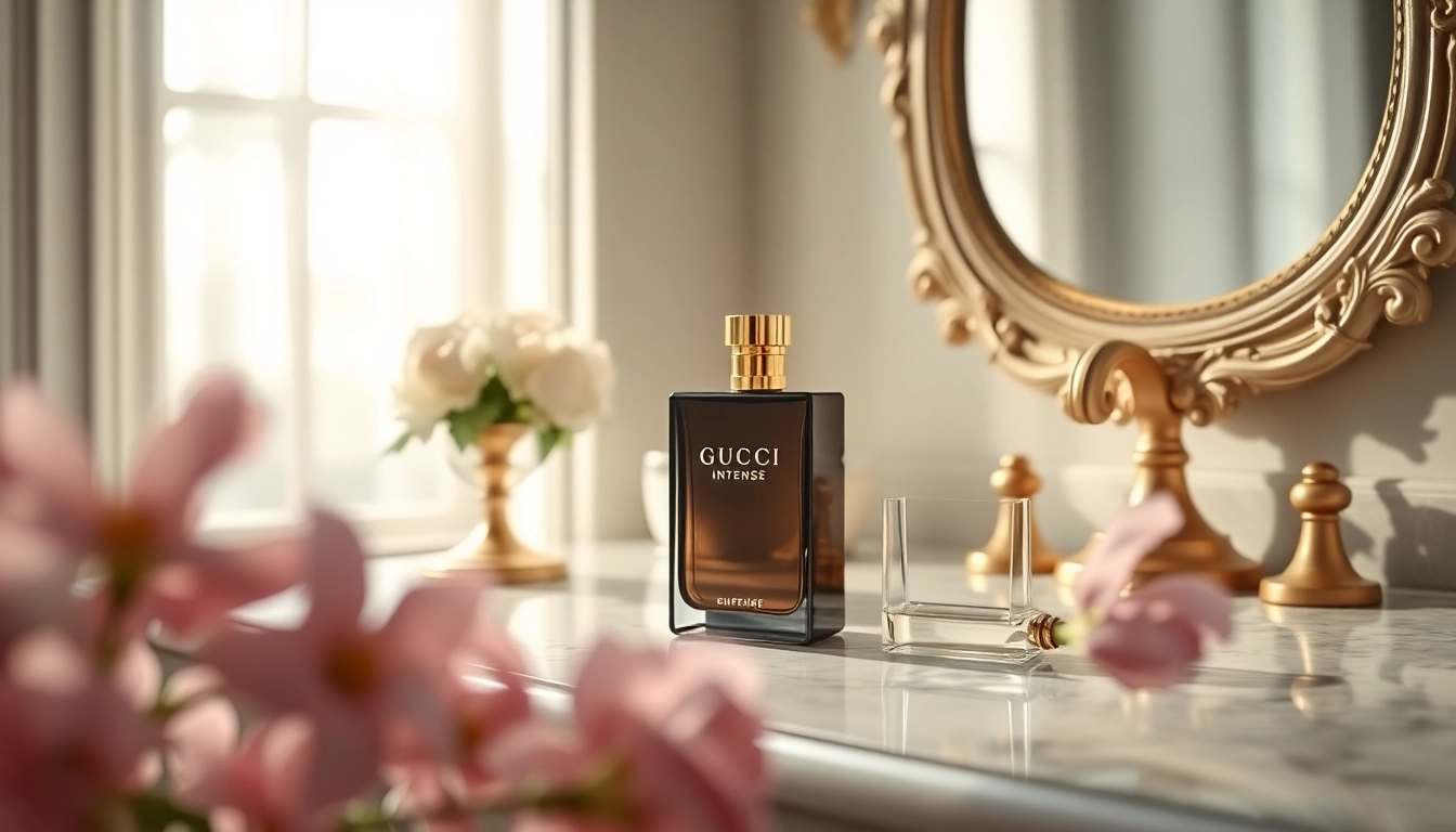 Experience the allure of Gucci Guilty Intense perfume elegantly displayed among soft flowers.