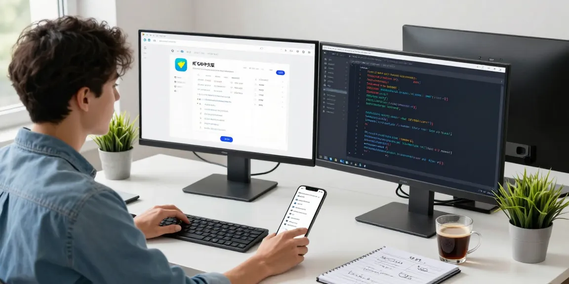 User engaging with 纸飞机中文版 messaging app in a modern workspace with coding setup.