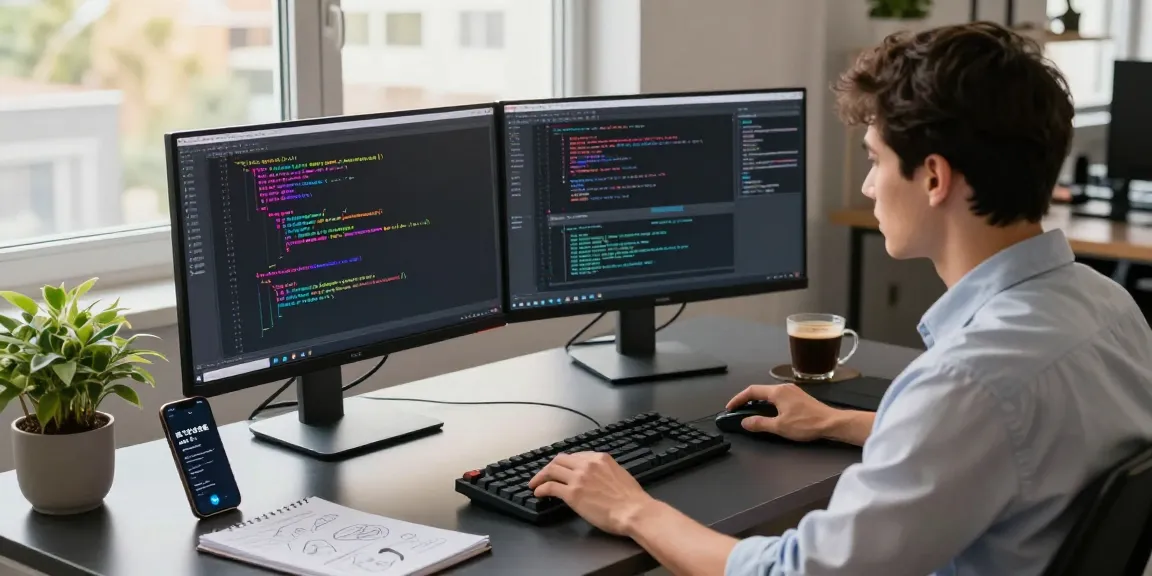 Developer working on code with Telegram 纸飞机中文版 app notifications in a high-tech workspace.